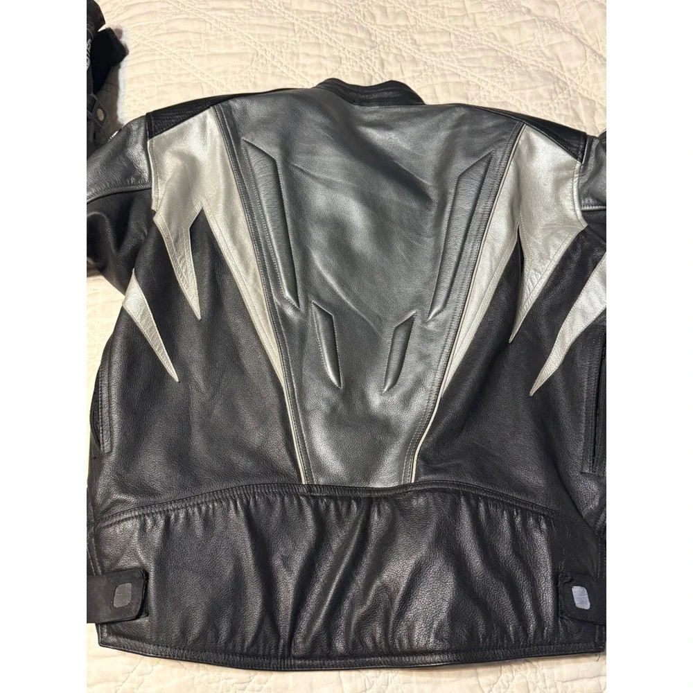 Joe Rocket Blaster Armored Leather Motorcycle Jacket Mens 46 Black Silver Racing